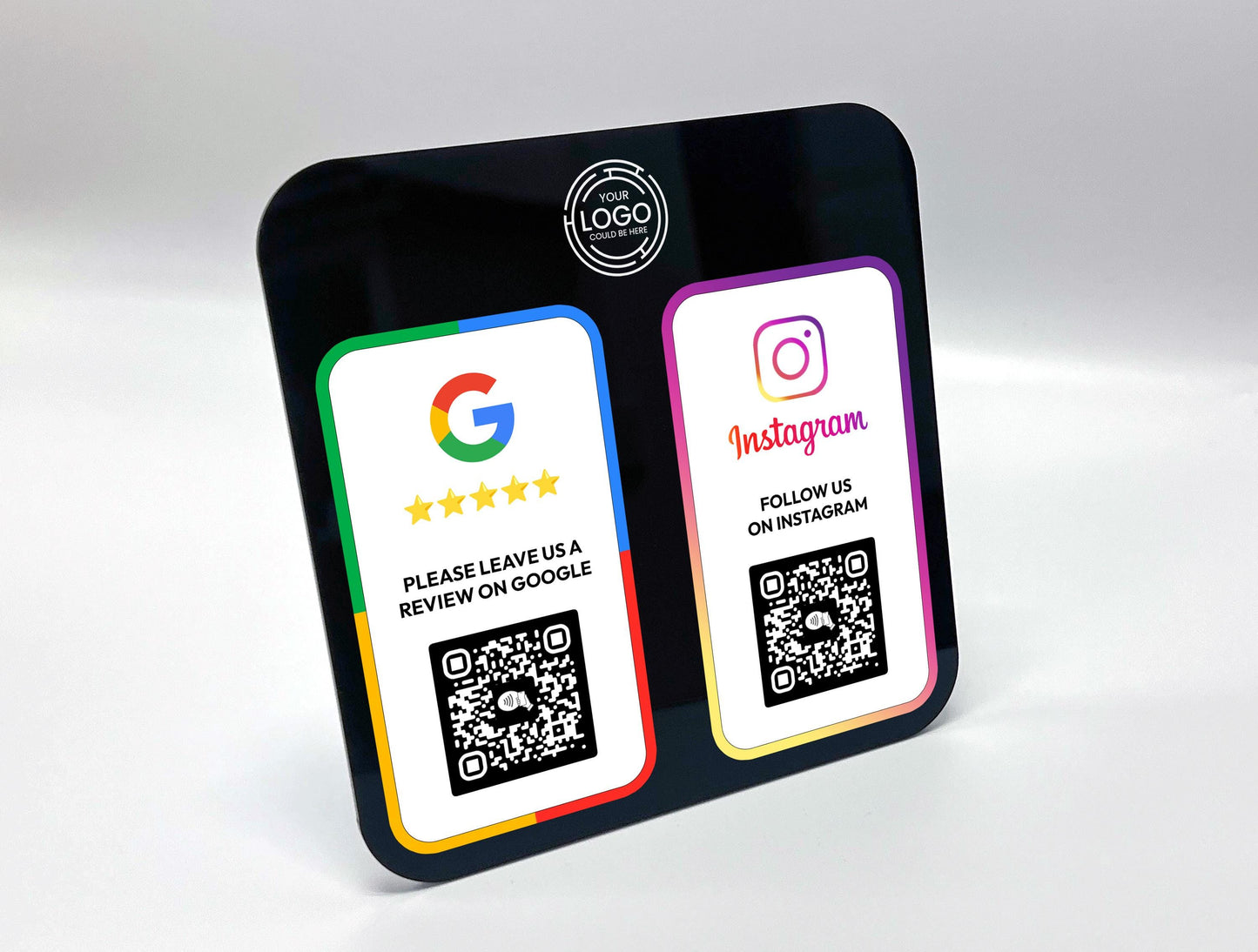 Customer tapping NFC-enabled business review sign to leave a review on Google or Facebook effortlessly