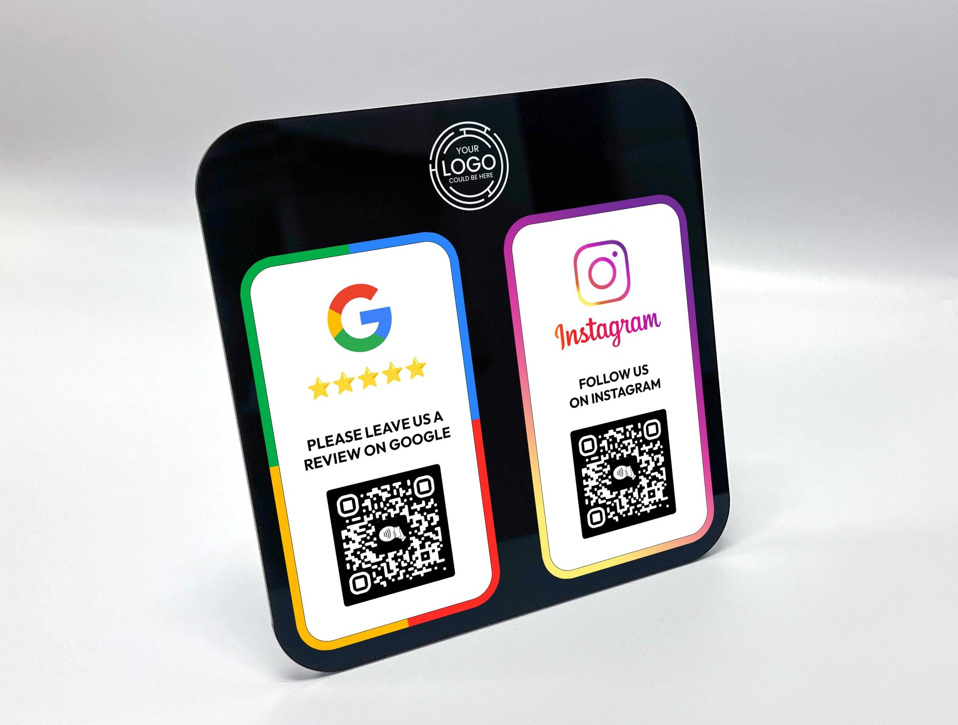 Customer tapping NFC-enabled business review sign to leave a review on Google or Facebook effortlessly
