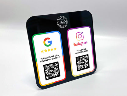 Customer tapping NFC-enabled business review sign to leave a review on Google or Facebook effortlessly
