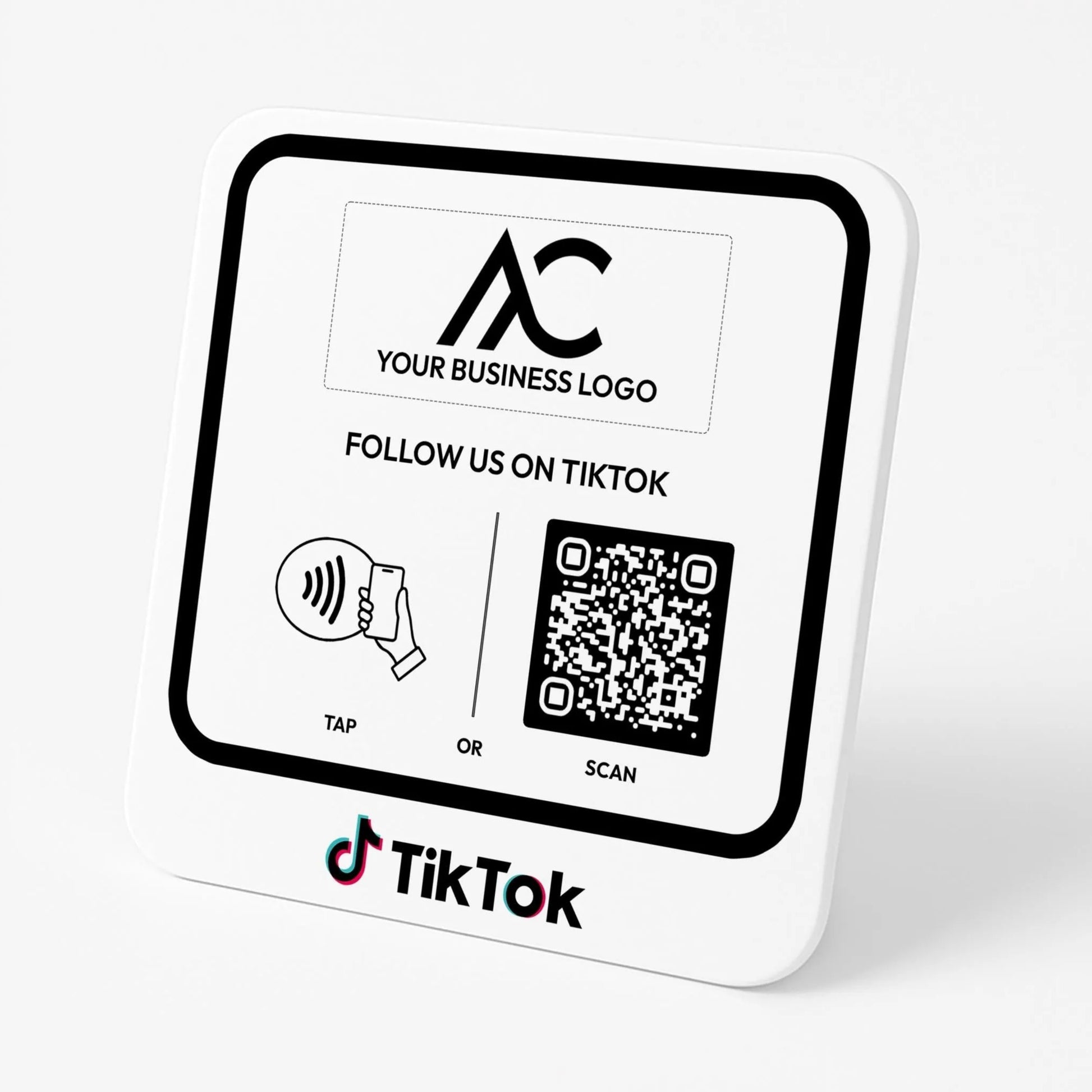 The image is a sign with a QR code and instructions for using the TikTok app.