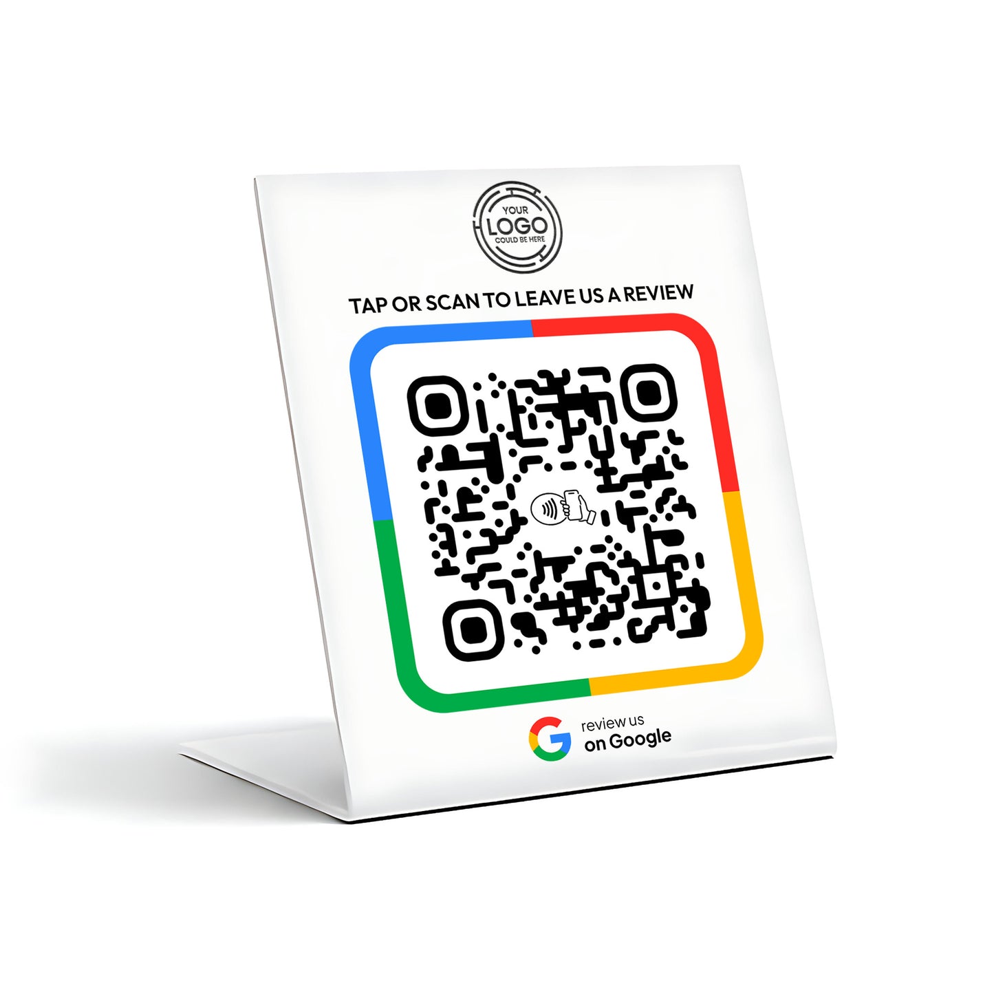 a QR code on a stand, which is a type of digital payment method. The QR code is accompanied by a message that reads "TAP OR SCAN TO LEAVE US A REVIEW" and a logo for Google.