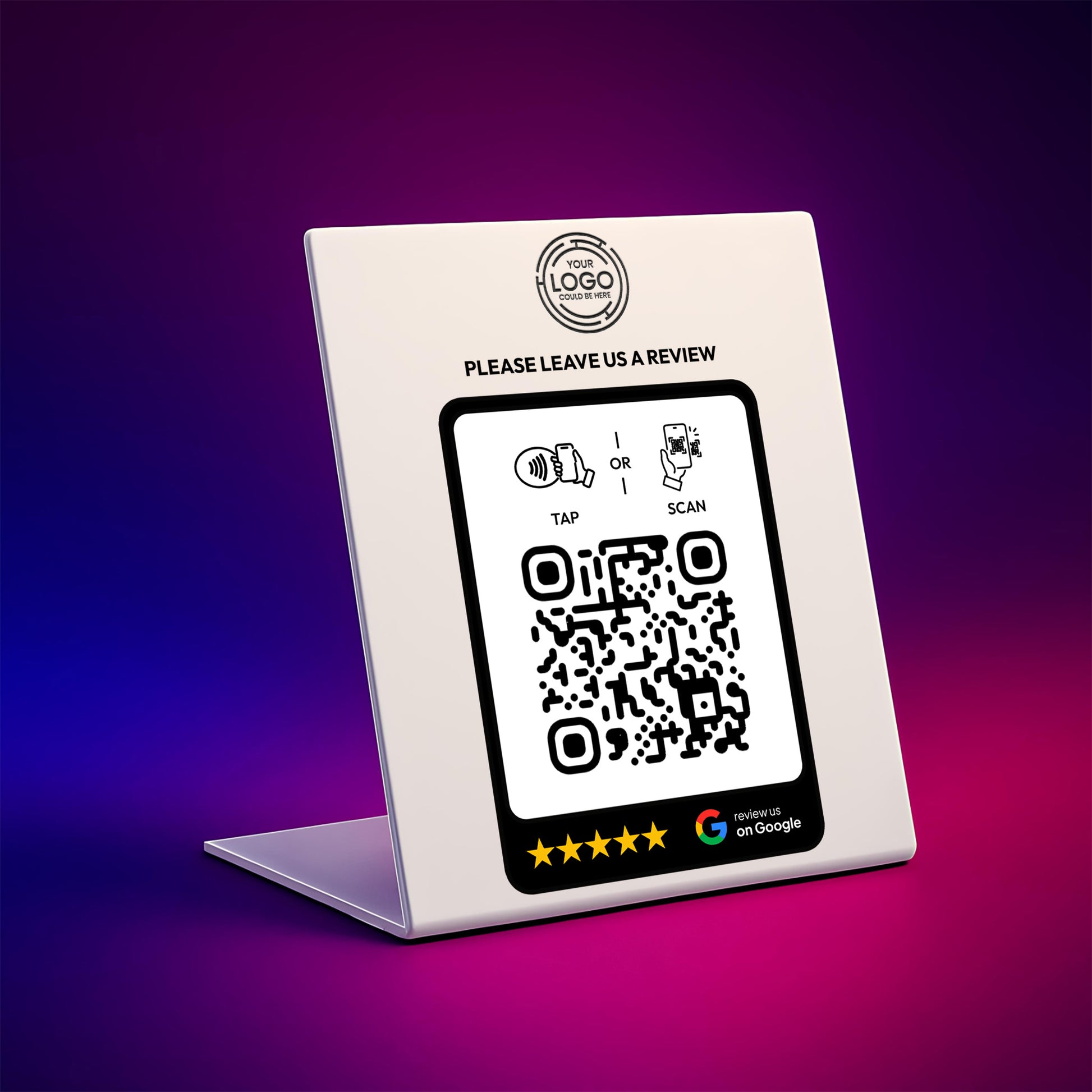 a QR code on a white stand, with a rating system displayed below it.