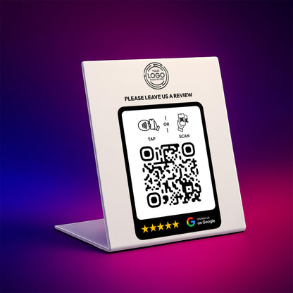 a QR code on a white stand, with a rating system displayed below it.