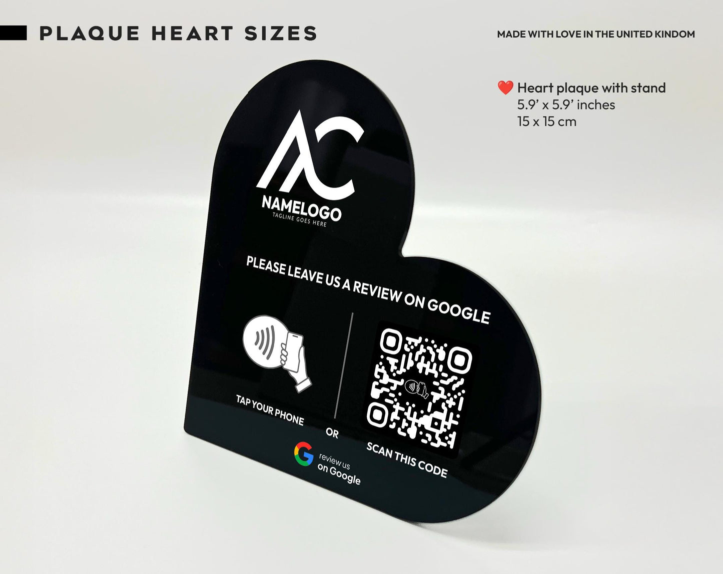 Heart-Shaped Google Review Plaque: NFC Tap & QR Code Sign
