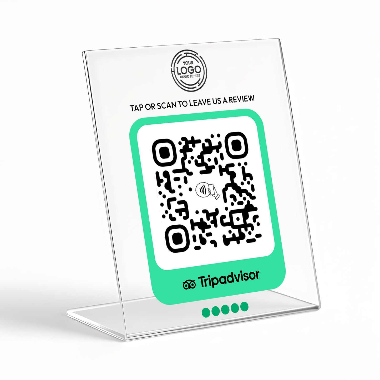 a QR code on a clear stand, with a green and white label below it that says "Tripadvisor".