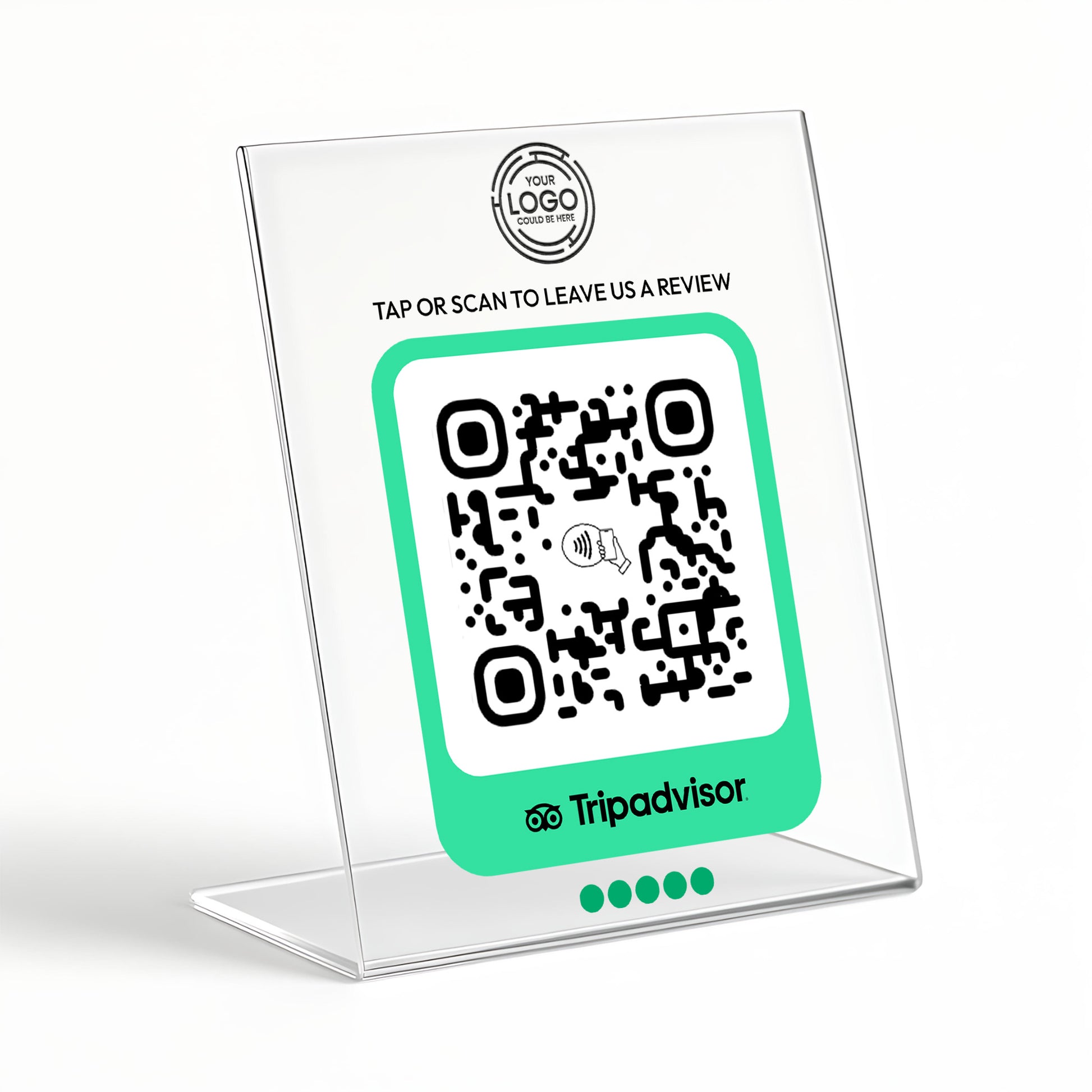 a QR code on a clear stand, with a green and white label below it that says "Tripadvisor".
