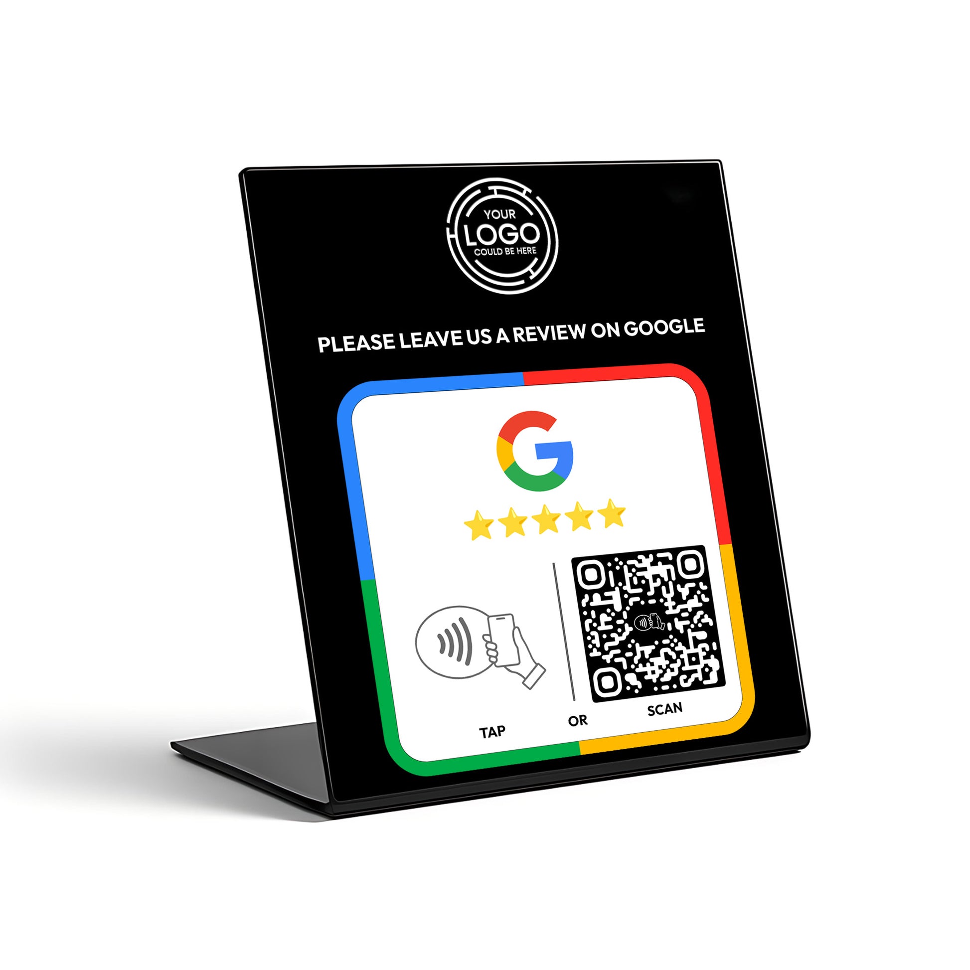 a sign with instructions for leaving a review on Google, including a QR code and a button for either tapping or scanning.