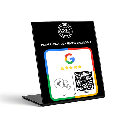 a sign with instructions for leaving a review on Google, including a QR code and a button for either tapping or scanning.