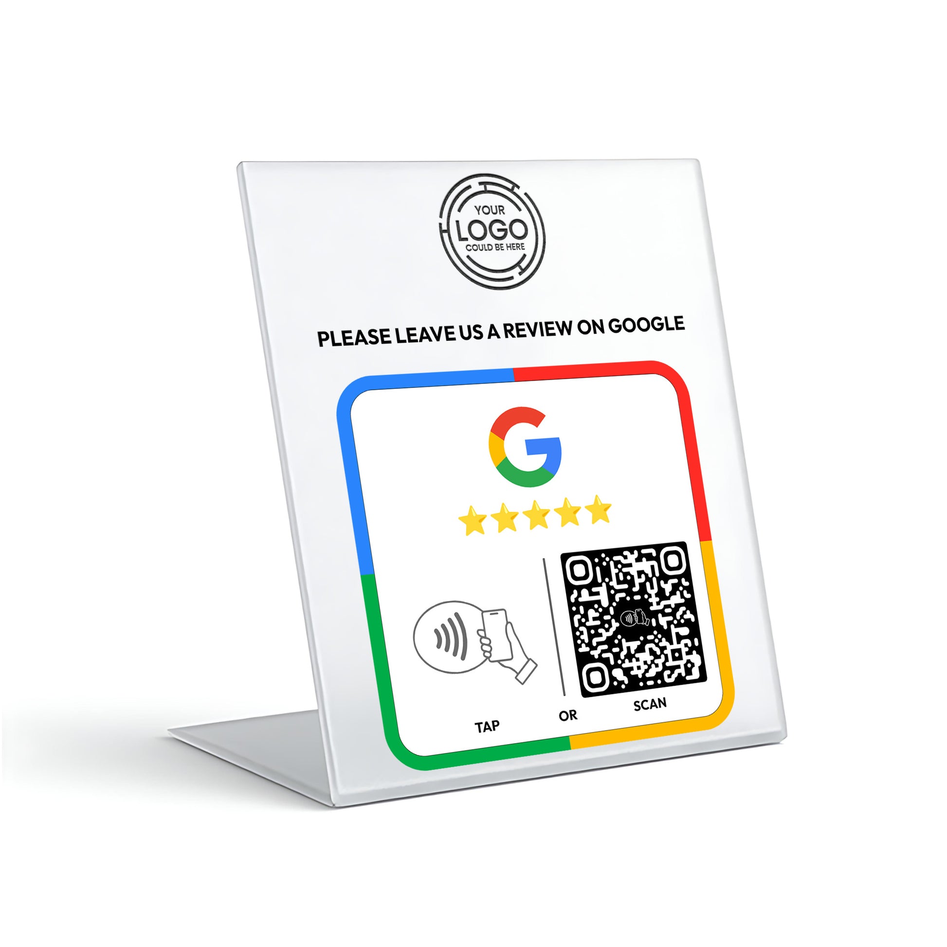 The image is a sign with instructions for leaving a review on Google. It includes a Google logo, a QR code, and a button for either tapping or scanning. The sign is placed on a stand, and there is a QR code visible.