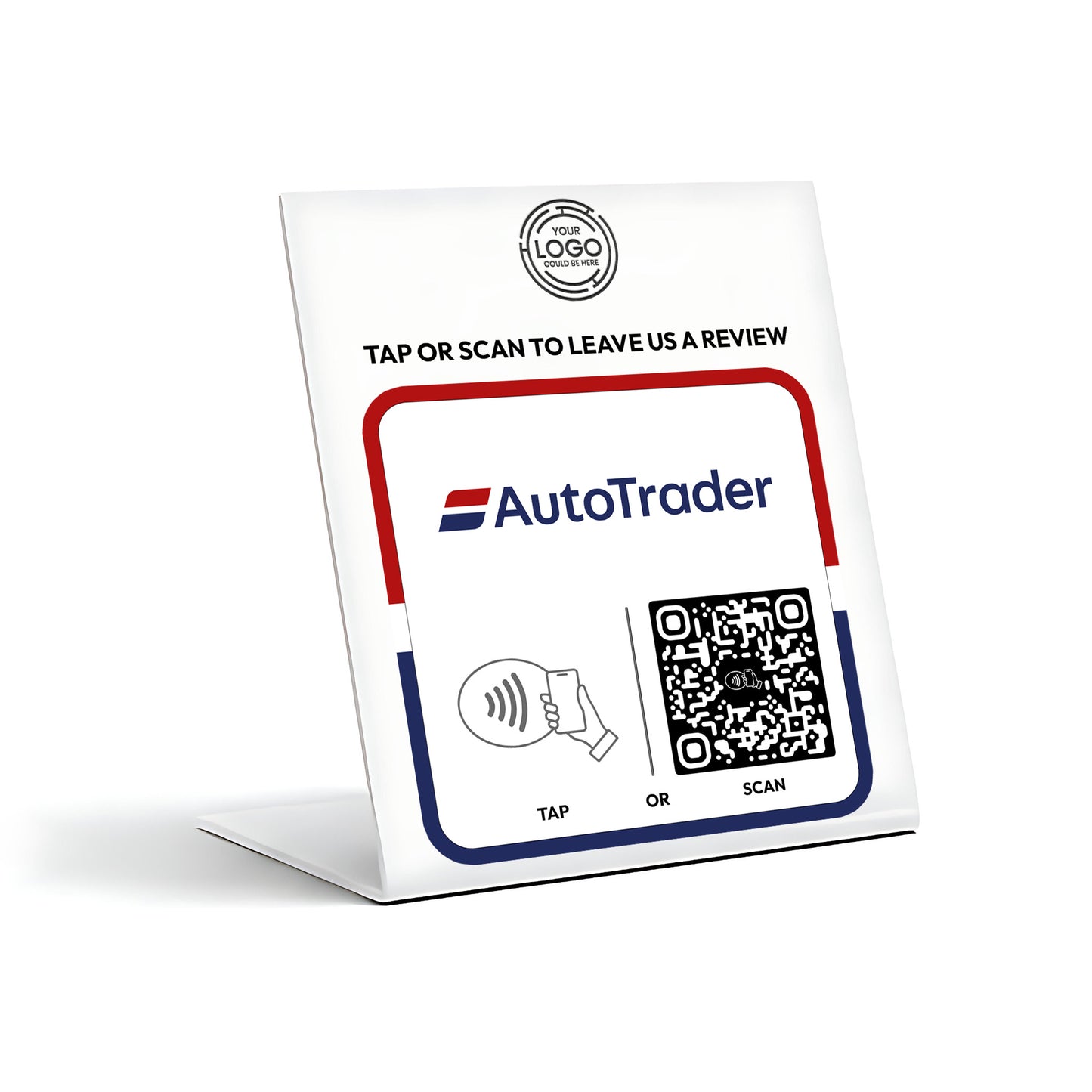 a sign for an AutoTrader app, which allows users to tap or scan to leave a review.