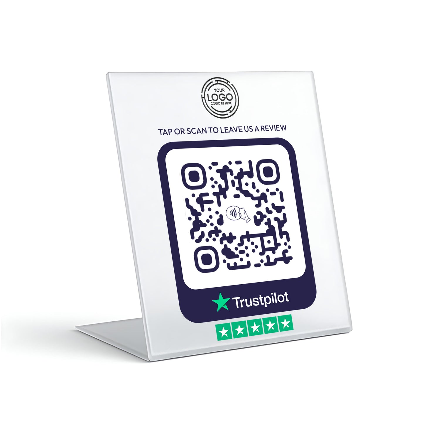 a QR code on a stand, with a Trustpilot logo and five-star rating below it.