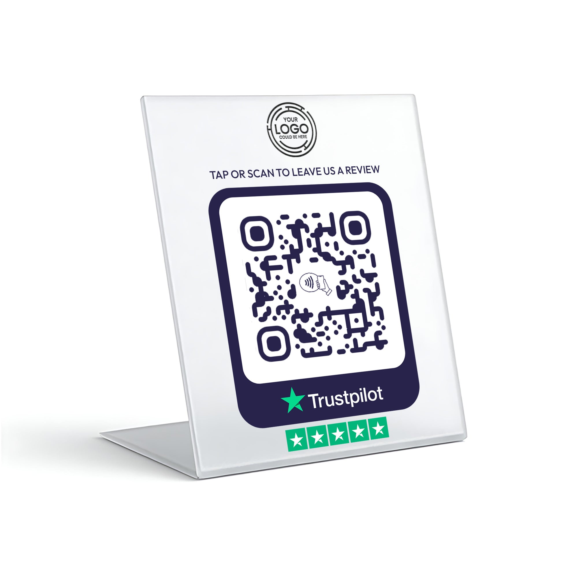 a QR code on a stand, with a Trustpilot logo and five-star rating below it.