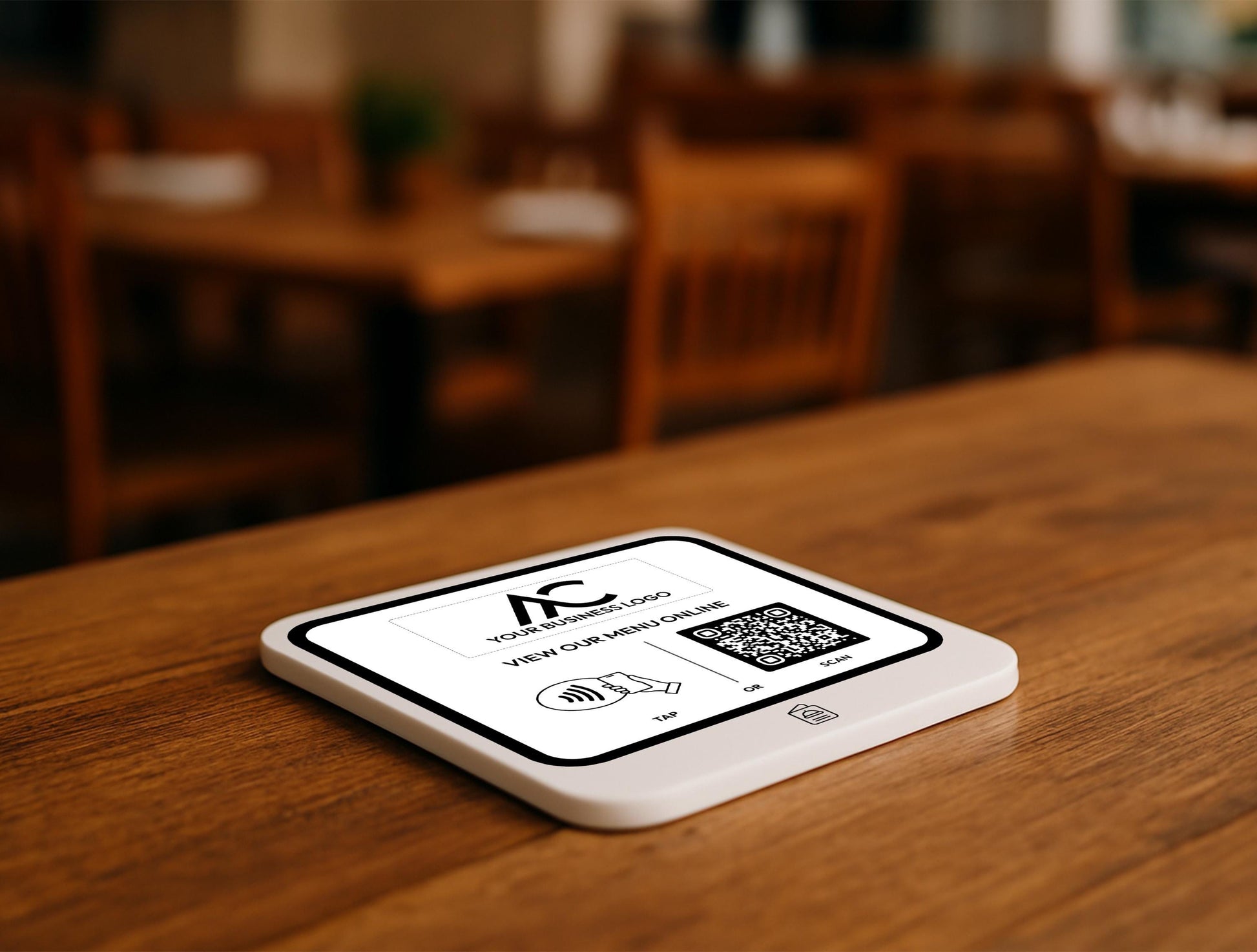 Custom Restaurant Menu Sign with QR Code Display on Tabletop
