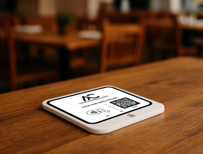 Custom Restaurant Menu Sign with QR Code Display on Tabletop